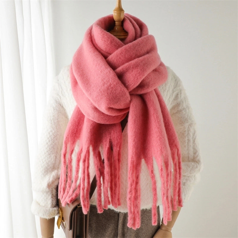 Mohair Scarf Pure Color All-matching Winter Warm Lengthened Fringe Bib Scarf Men's And Women's European And American Export Thick Scarf