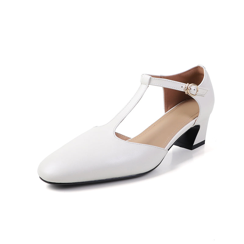 50mm Block Heel Leather T-Strap Mary Jane Summer Shoes in Yellow/White