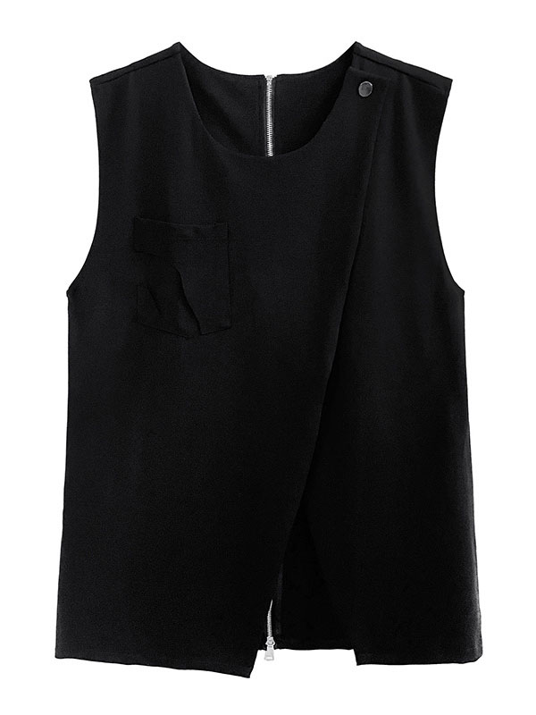 Loose Sleeveless Asymmetric Zipper Round-Neck Vest Top
