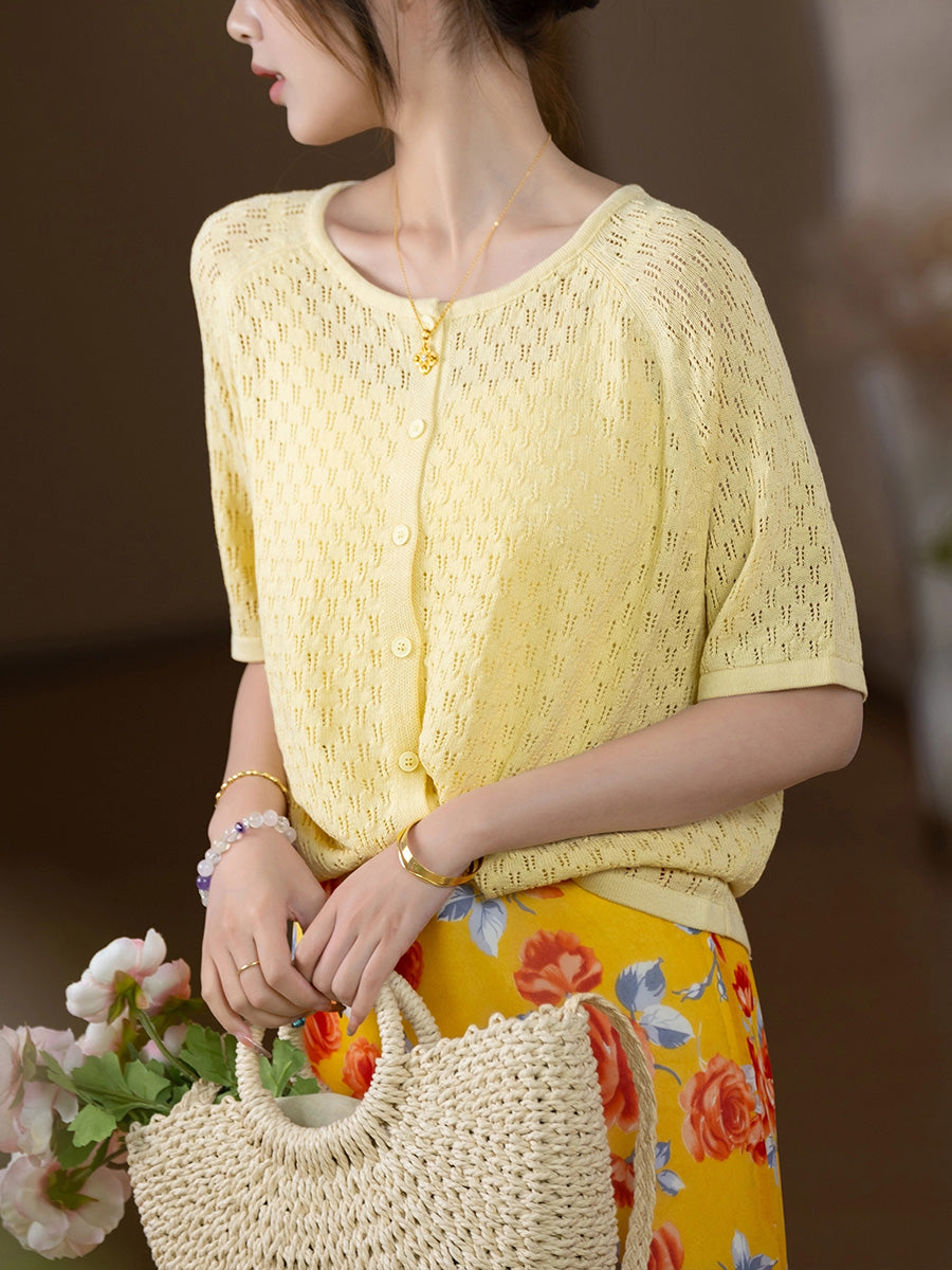 Women Summer Casual Button-up Knitted O-Neck Shirt