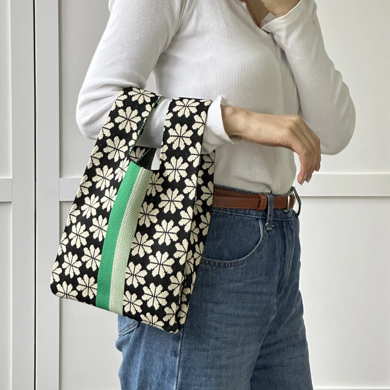 Women's Polyester Printing Color Block Cute Square Open Handbag