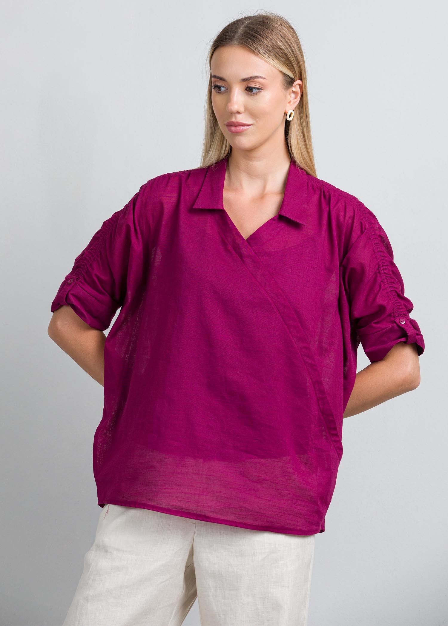 Crossover blouse with ruched sleeves