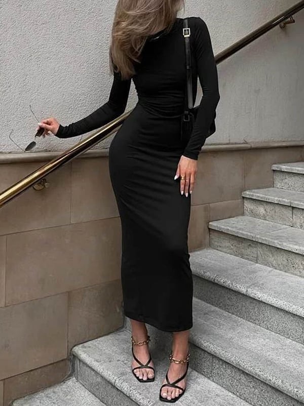 Bodycon Long Sleeves Solid Color Split-Joint Round-Neck Maxi Dresses