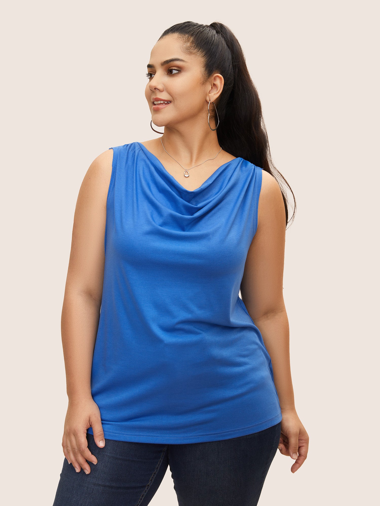 Cowl Neck Solid Gathered Tank Top