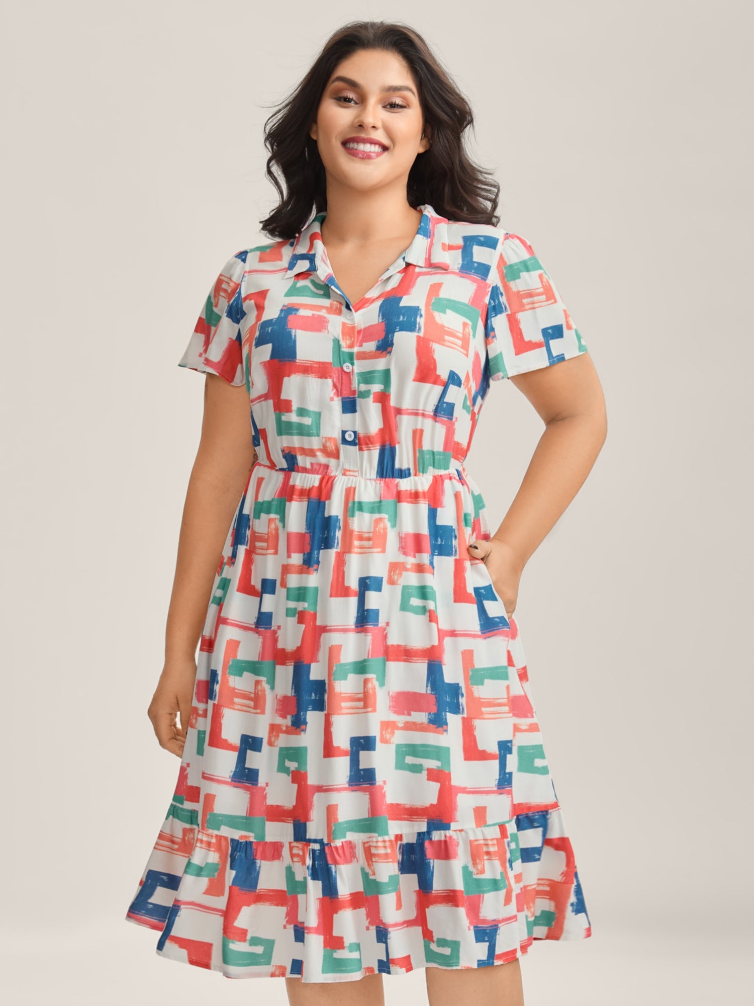 Color Puzzle Rayon Collar Midi Dress