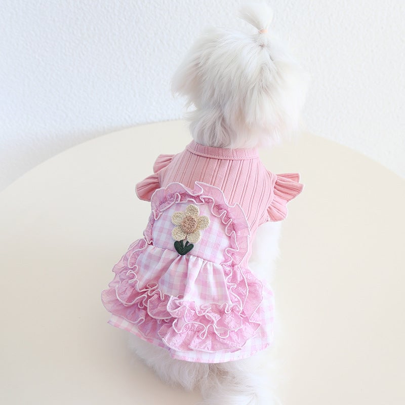 Sweet Flower Plaid Lace Dog Cat Dress
