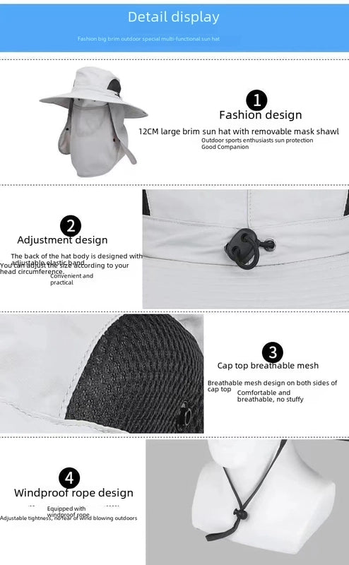 Men's New Sun Hat Removable Sun Protection Big Rim Summer Mountaineering Fishing Hat Outdoor UV Protection Sun Hat