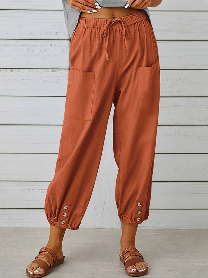 Solid Color Casual With Pocket Buttons Cotton Linen Trousers