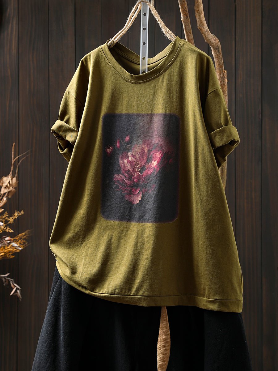 Women Summer Artsy Flower Print Cotton Shirt