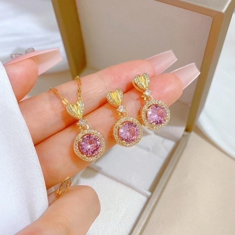Copper Minimalist Plating Inlay Rhombus Bow Knot Zircon Jewelry Set