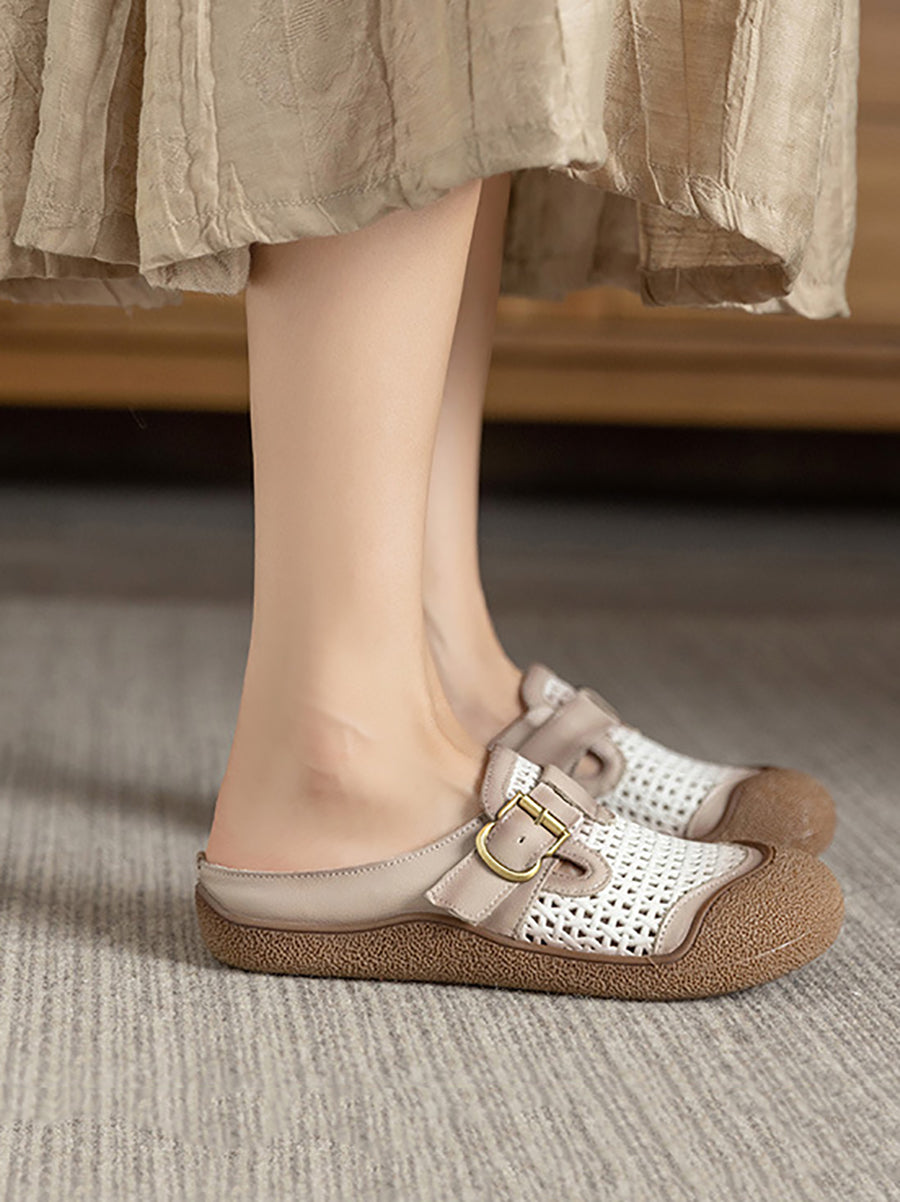 Women Summer Colorblock Leather Flat Slippers