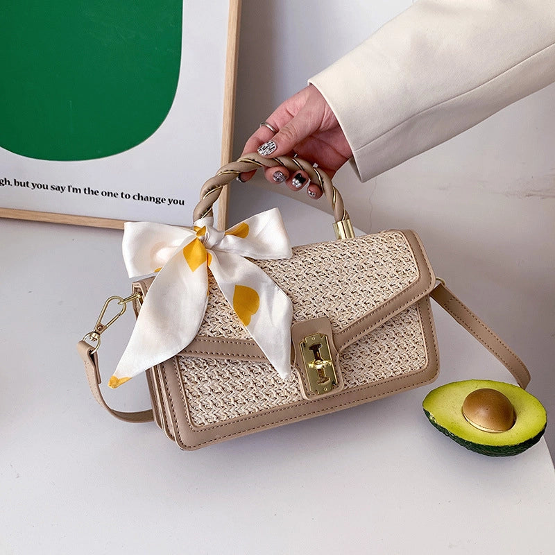 Women's Medium Straw Solid Color Fashion Ribbon Square Flip Cover Crossbody Bag