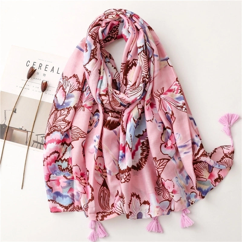 Pink Tropical Plants Flowers Flowers Cotton And Linen Braided Shawl Silk Scarf Ladies