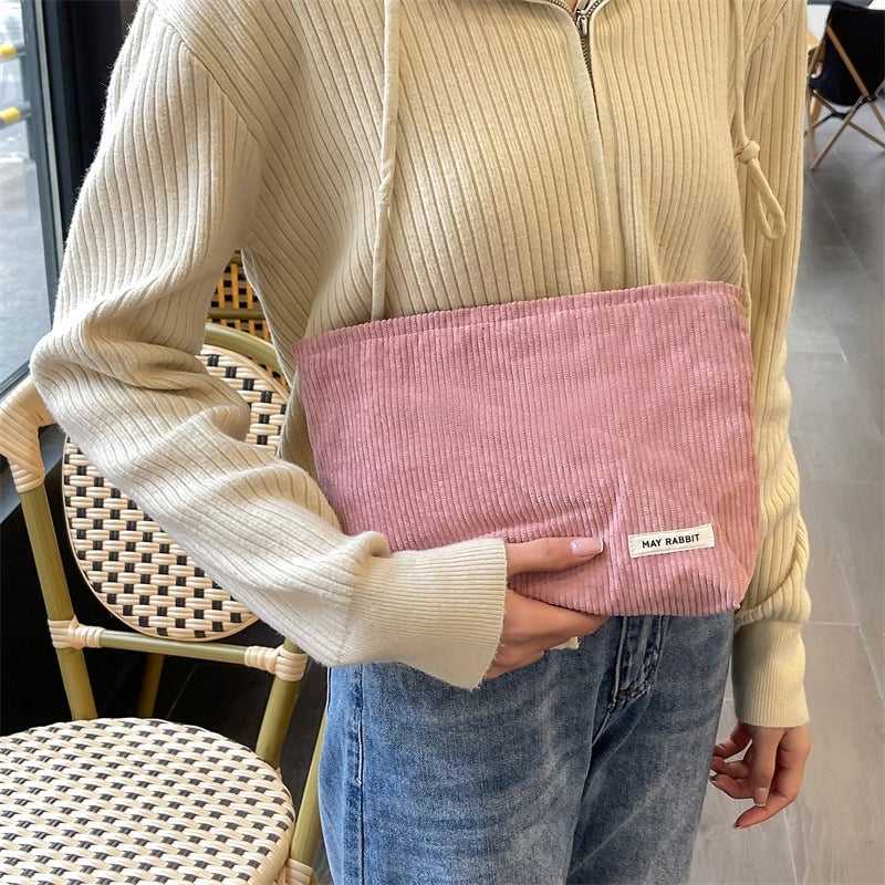 Women's Corduroy Letter Solid Color Basic Square Zipper Cosmetic Bag Clutch Bag