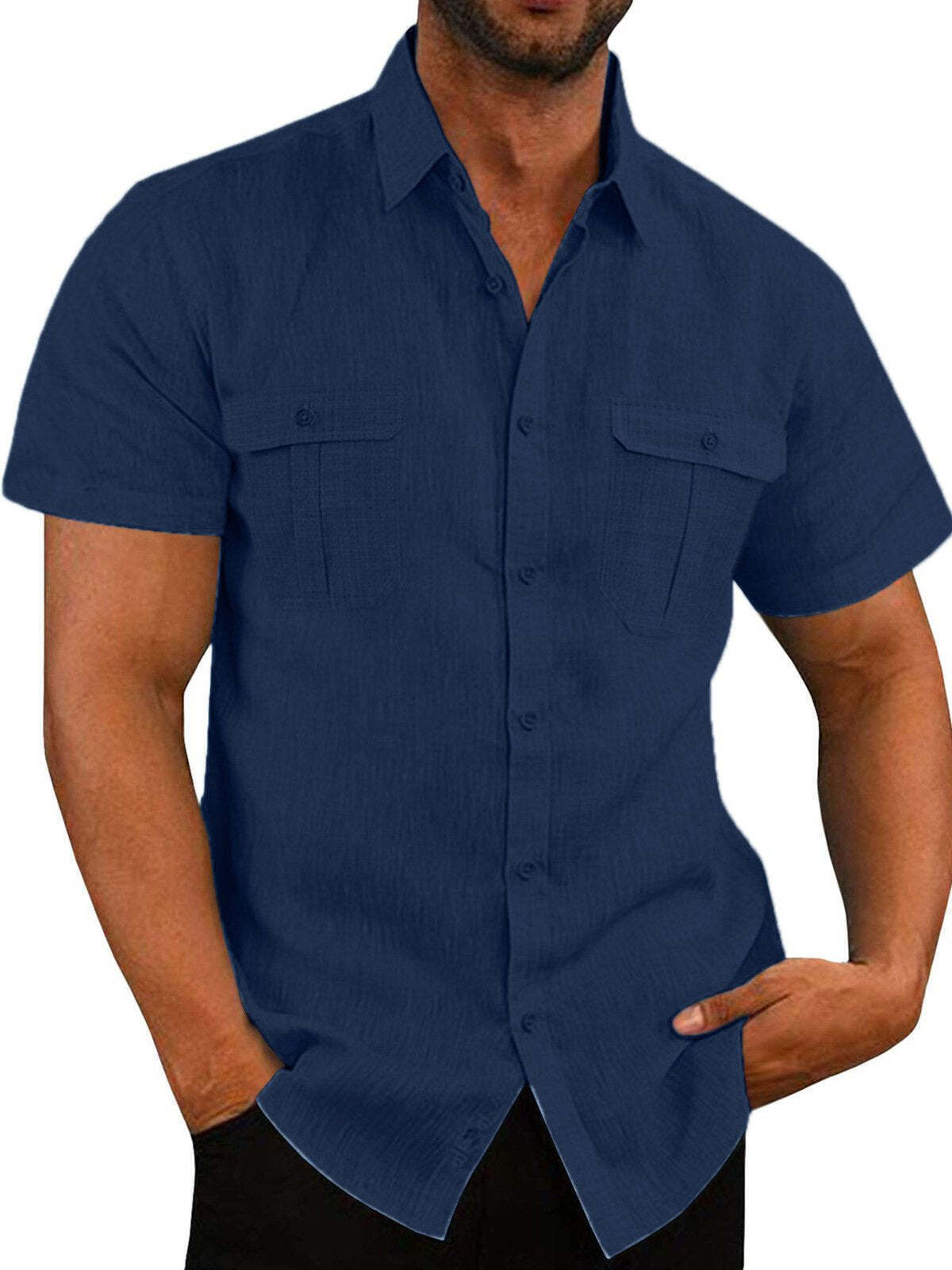 7-Pack Men's Shirts Double Pocket Cotton Linen Short Sleeve Shirts Casual Vacation Shirts