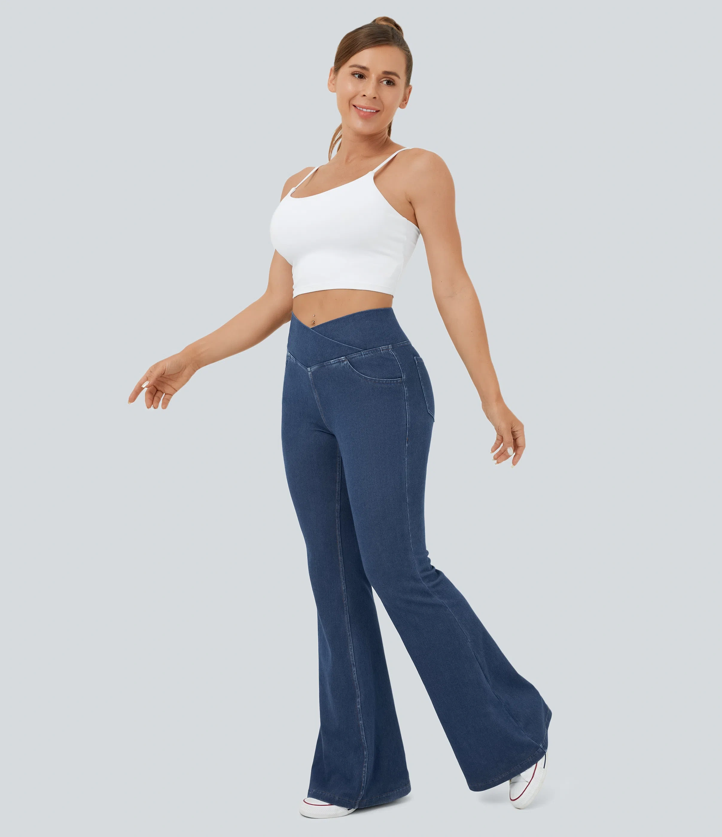 ⚡8 Packs for $25.95⚡- High Waisted Crossover Pocket Washed Stretchy Knit Casual Super Flare Jeans