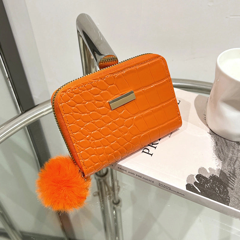 Women's Crocodile Pu Leather Fluff Ball Zipper Wallets