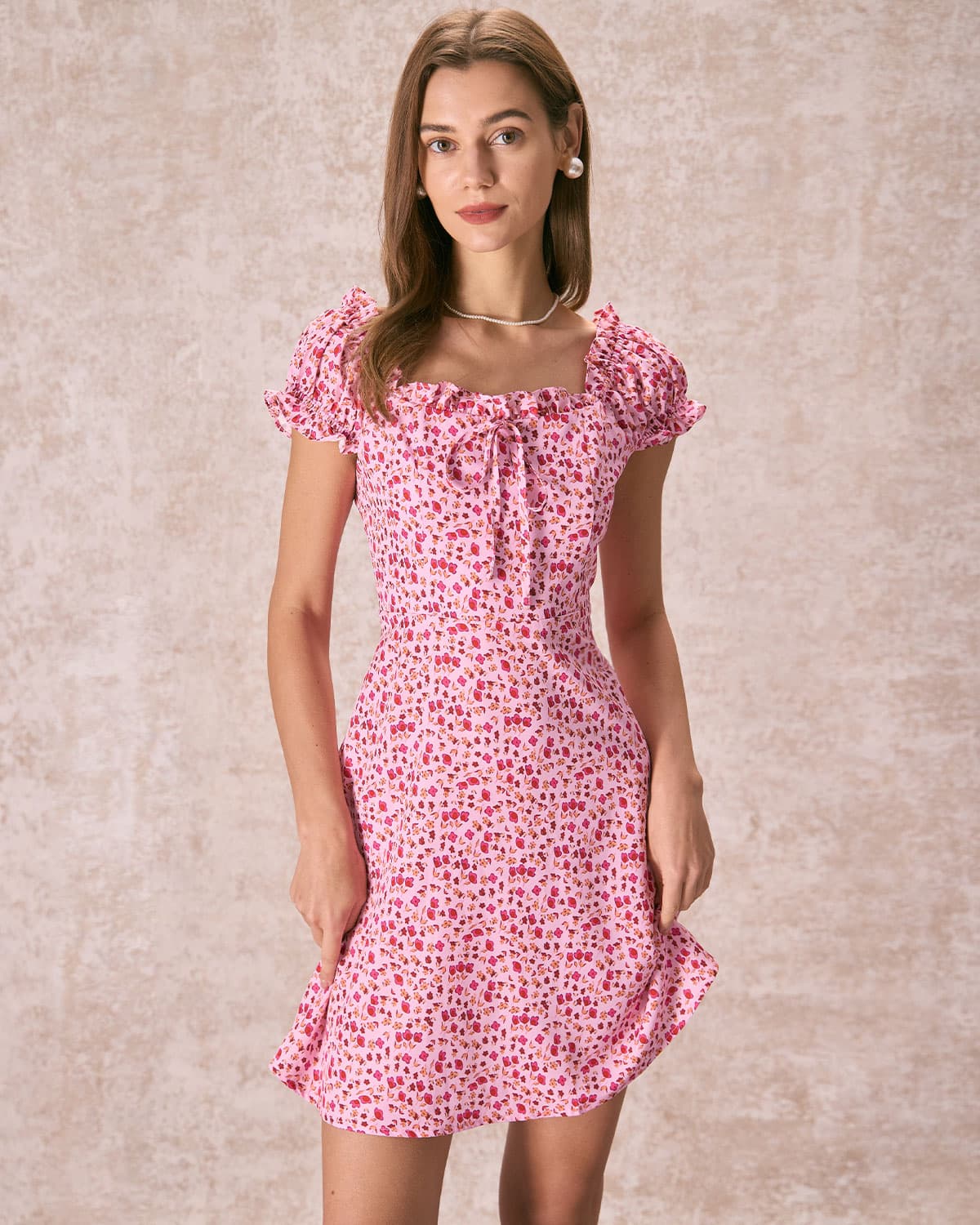 The Pink Square Neck Puff Sleeve Floral Mini Dress