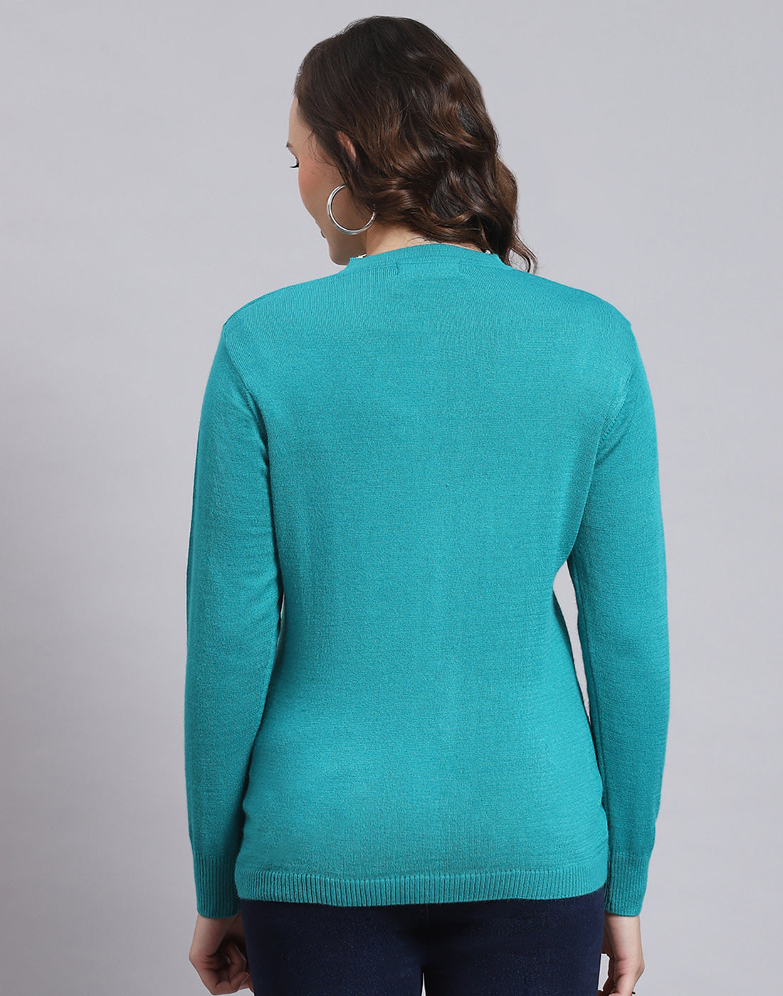 Women Turquoise Blue Solid V Neck Full Sleeve Sweater