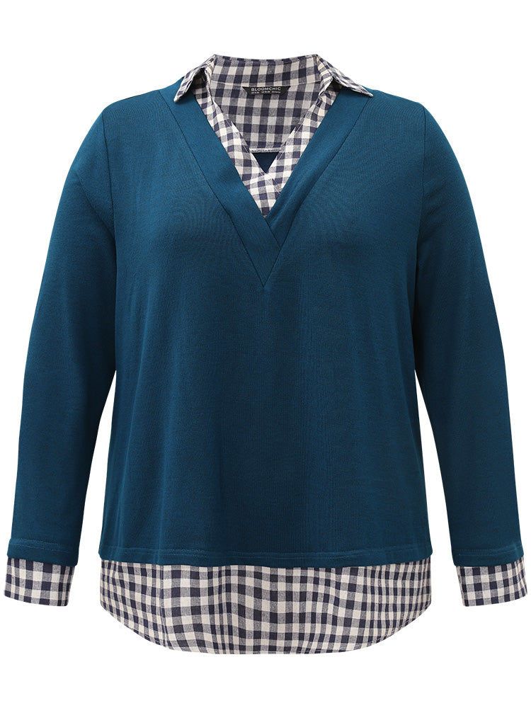 Gingham Patchwork Shirt Collar Arc Hem Sweatshirt