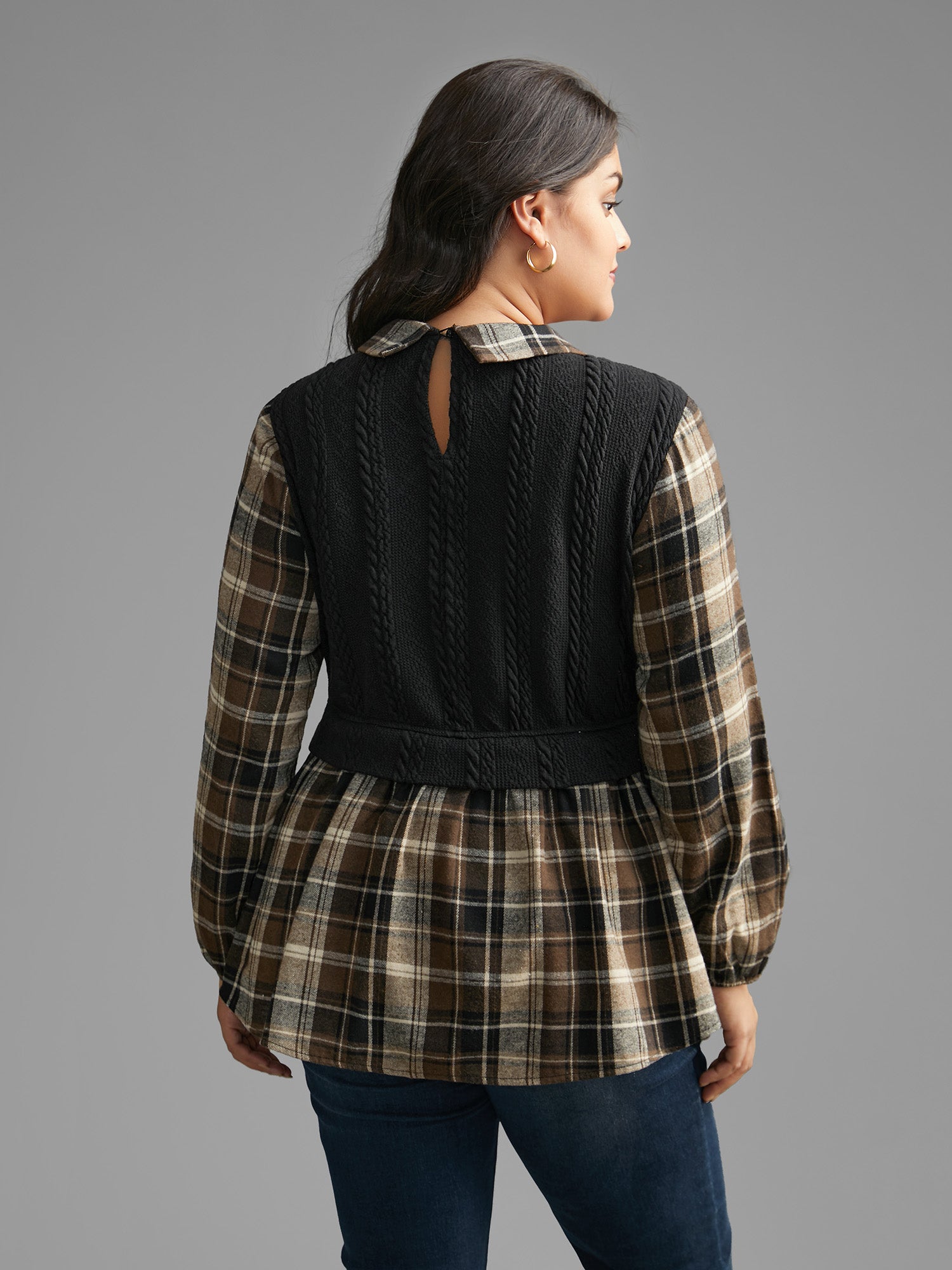 Plaid Patchwork Texture Lantern Sleeve Blouse