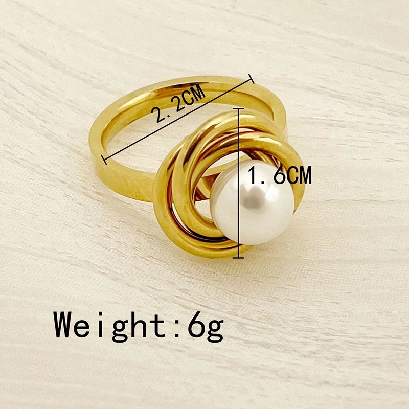 Elegant Baroque Style Modern Style Round Palm 304 Stainless Steel Pearl 14K Gold Plated Asymmetrical Inlay Rings