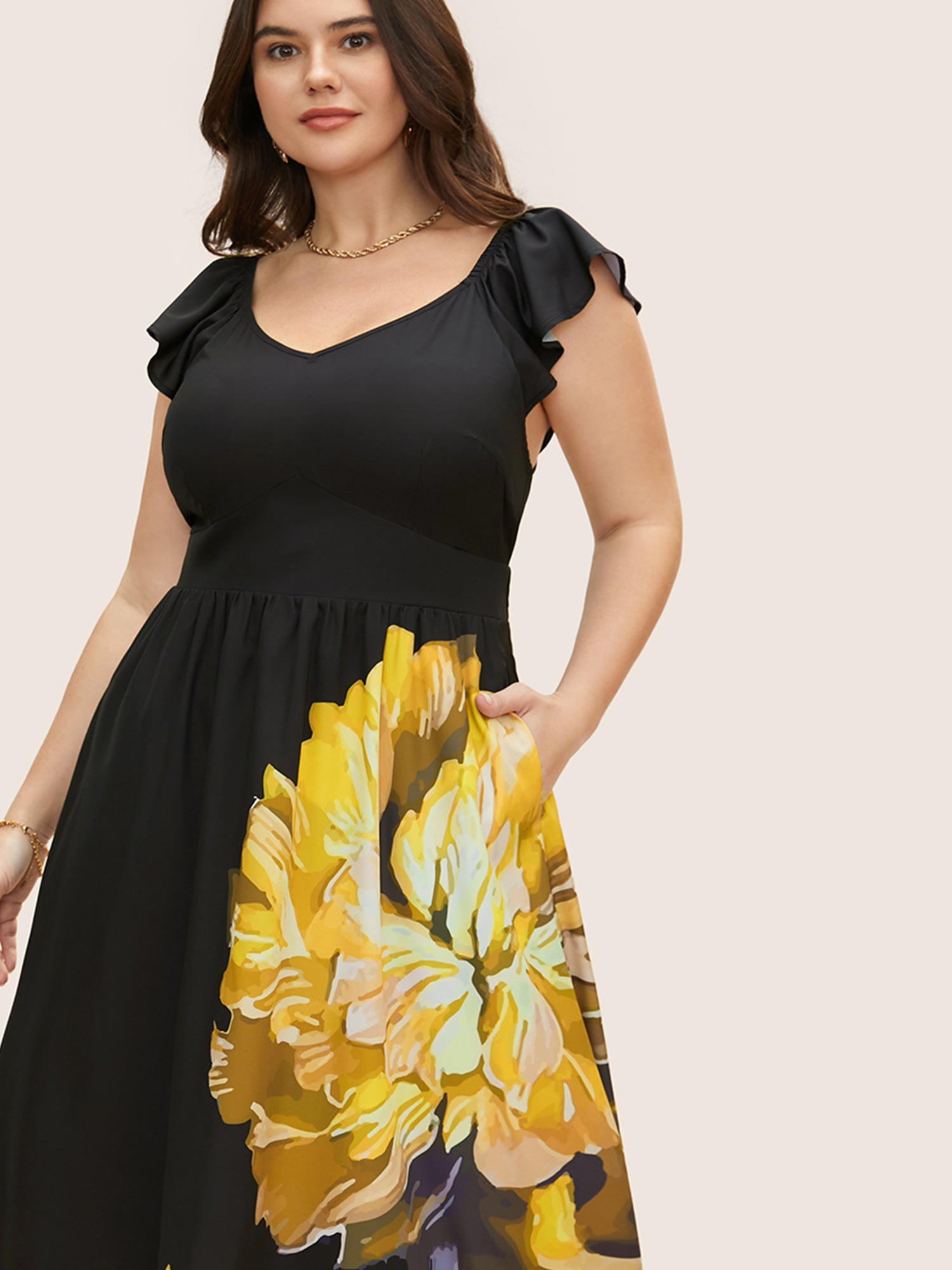 Carnation Print Ruffle Cap Sleeve Maxi Dress