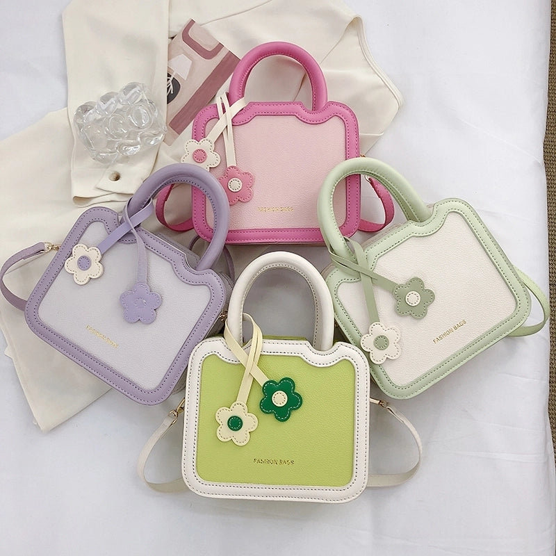 Women's Medium Pu Leather Color Block Cute Classic Style Sewing Thread Zipper Crossbody Bag