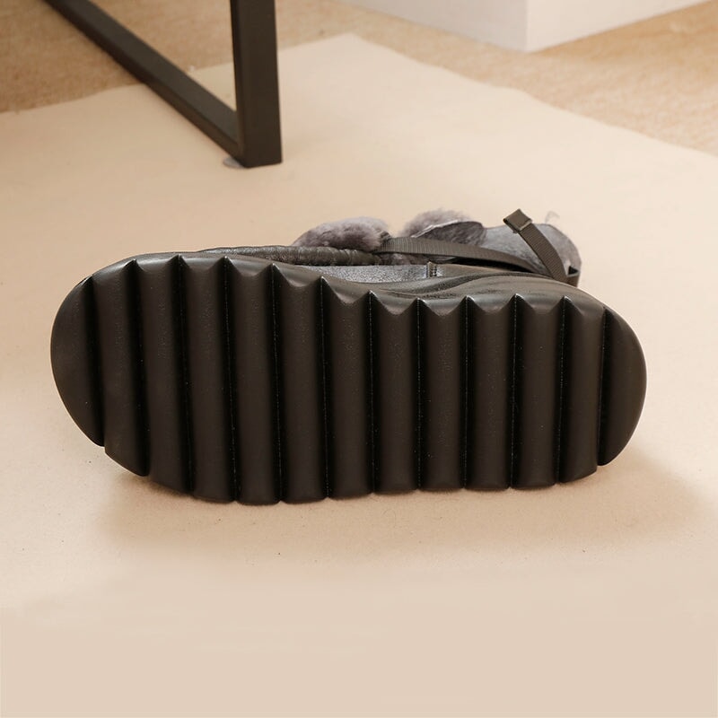 Soft Leather Warm Slip-On Ankle Boots Fleece Lined Platform Ankle Boots in Black&Gray