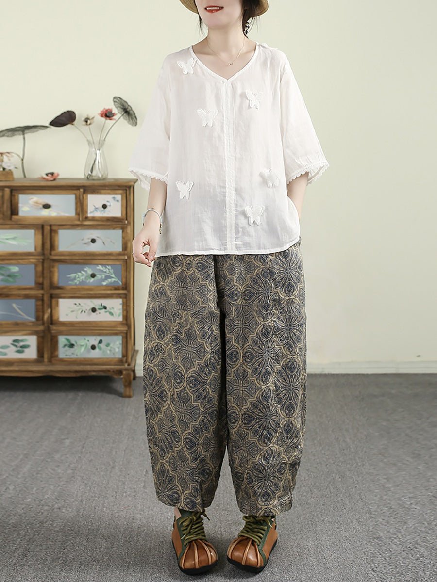 Women Summer Ethnic Print 100%Ramie Harem Pants