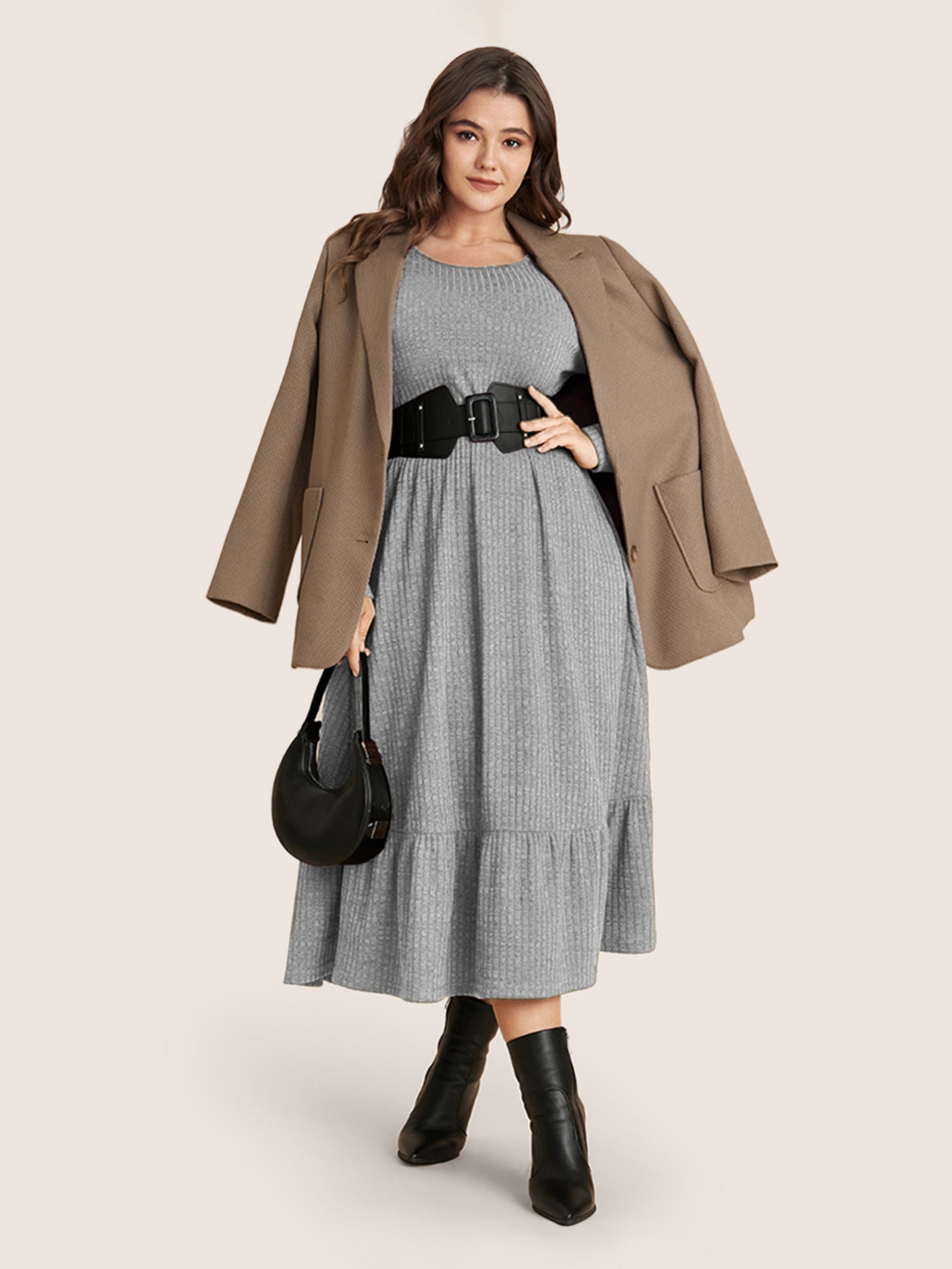 Solid Pocket Rib Knit Ruffle Hem Dress Without Belt