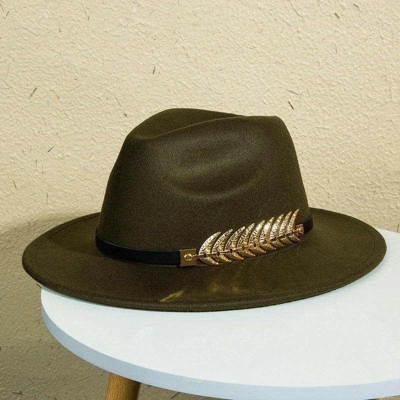Unisex Retro Classic Style Leaves Solid Color Belt Buckle Wide Eaves Fedora Hat