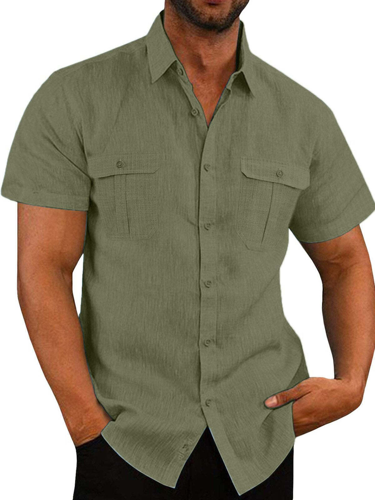 7-Pack Men's Shirts Double Pocket Cotton Linen Short Sleeve Shirts Casual Vacation Shirts