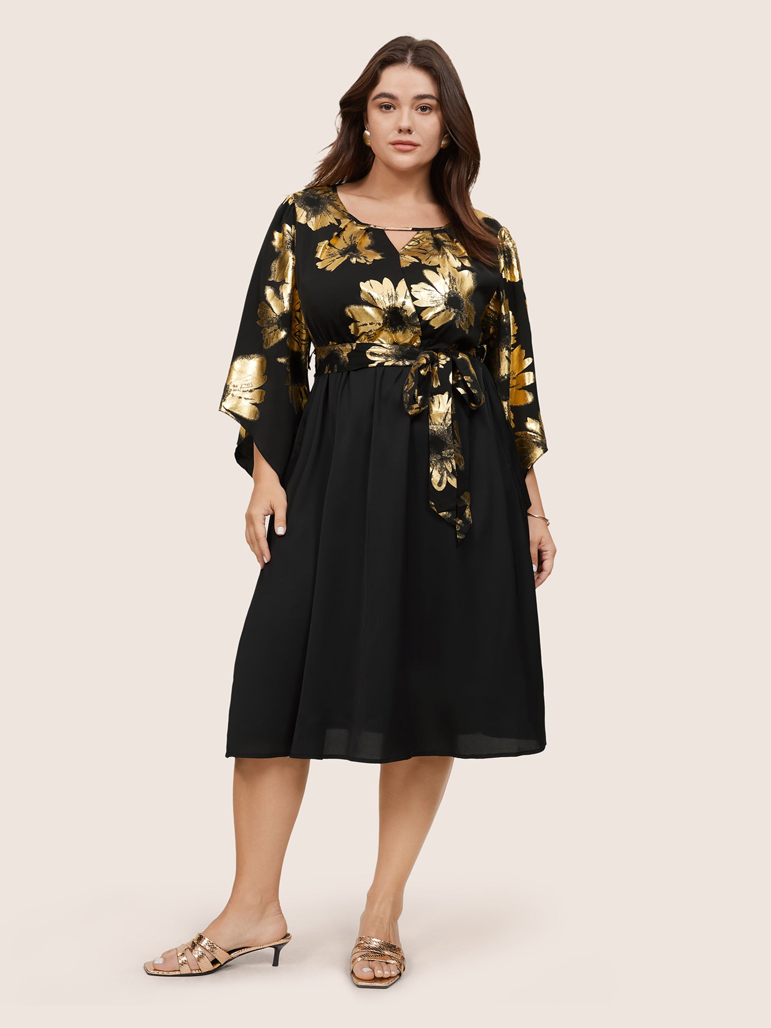 Floral Glitter Belted Keyhole Flutter Sleeve Dress
