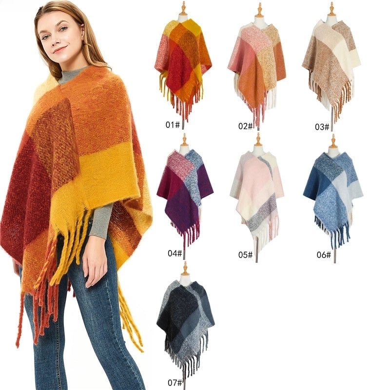 Hot Style New Autumn And Winter Women's Shawl Thick Tassel Loop Yarn Large Plaid Cloak
