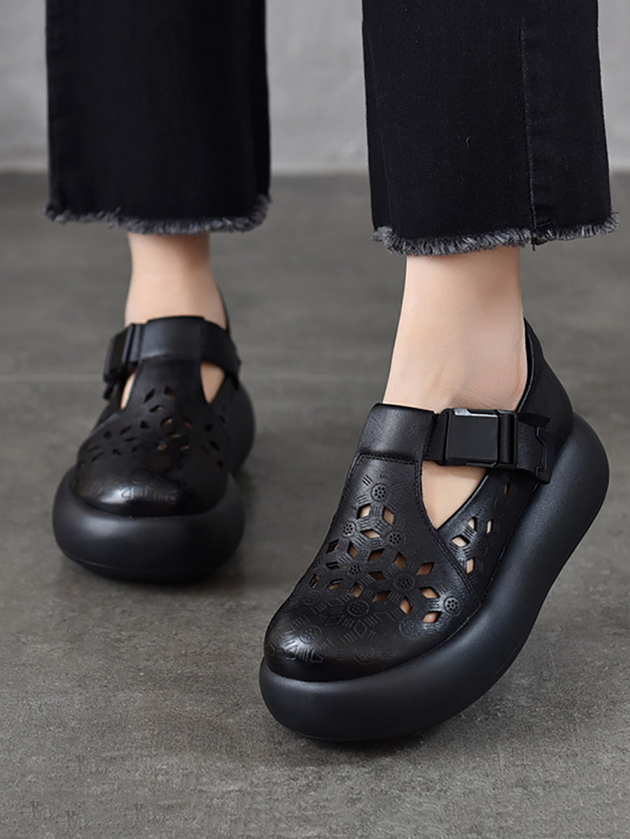 Women Casual Summer Genuine Leather Hollow Out Platform Shoes