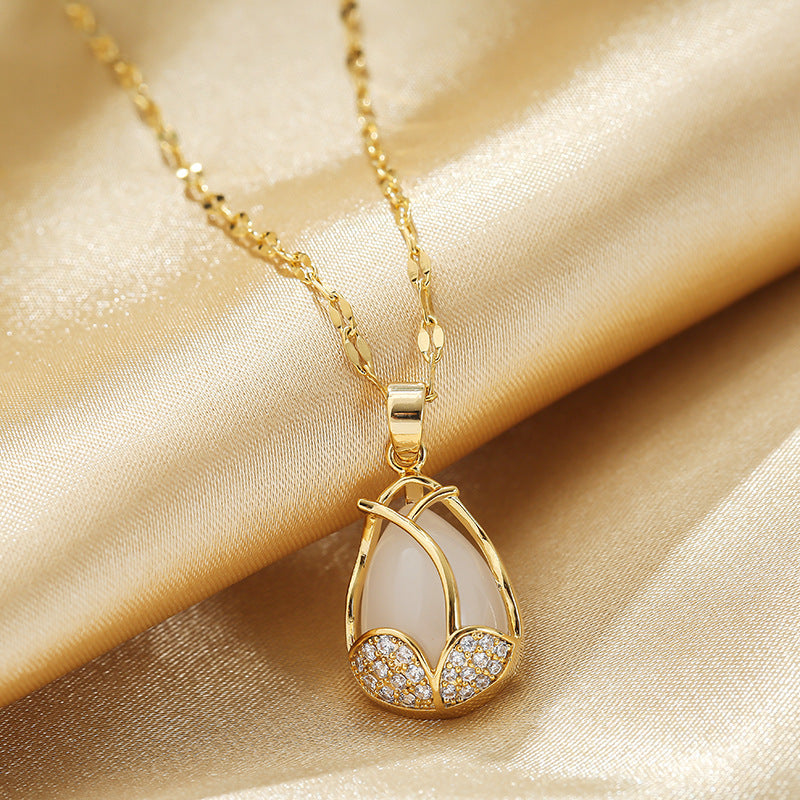 Golden Tulip Titanium Steel Necklace Female Fashion Clavicle Necklace Trendy Female Micro Inlaid Cat'S Eye Stone Full Diamond Accessories
