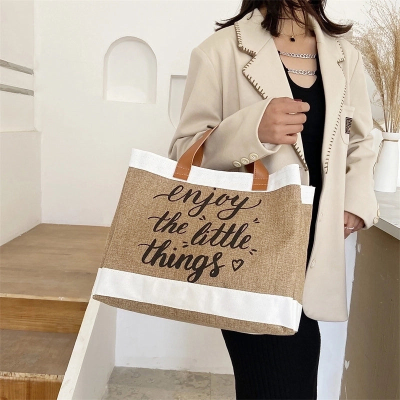 Women's Large Cotton And Linen Letter Basic Classic Style Square Open Tote Bag