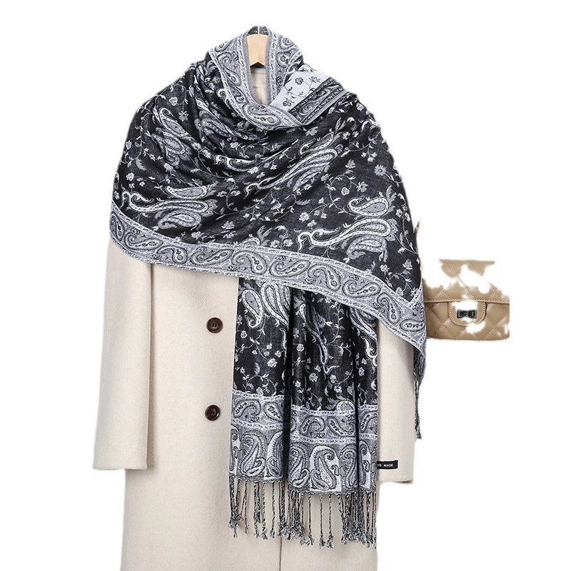 Women's Pastoral Cashew Nuts Flower Polyester Tassel Scarf