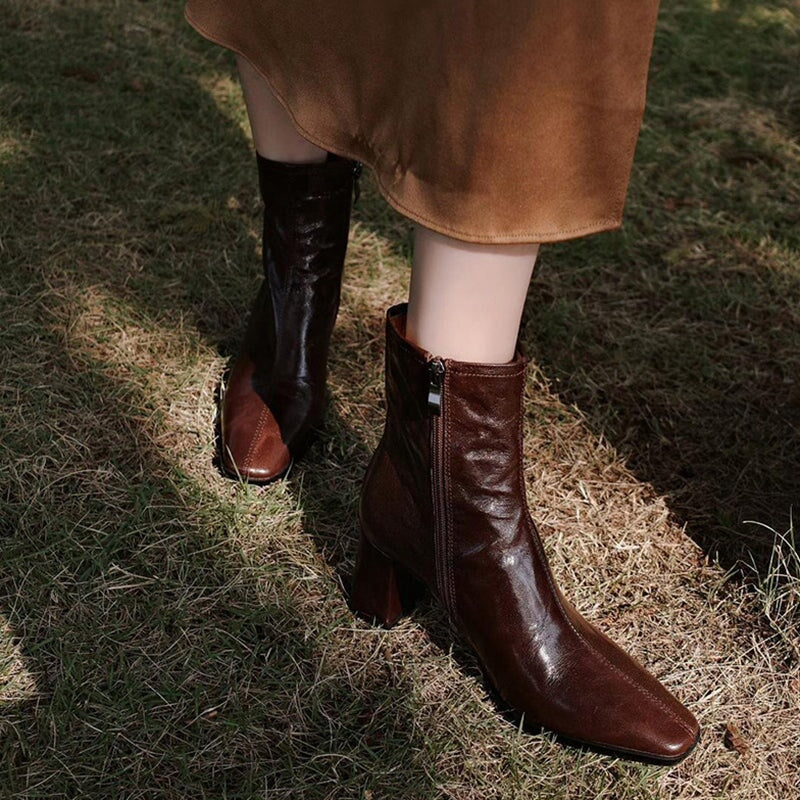 Squared Toe Leather Slimming Boots Sock Boots in Black/Brown