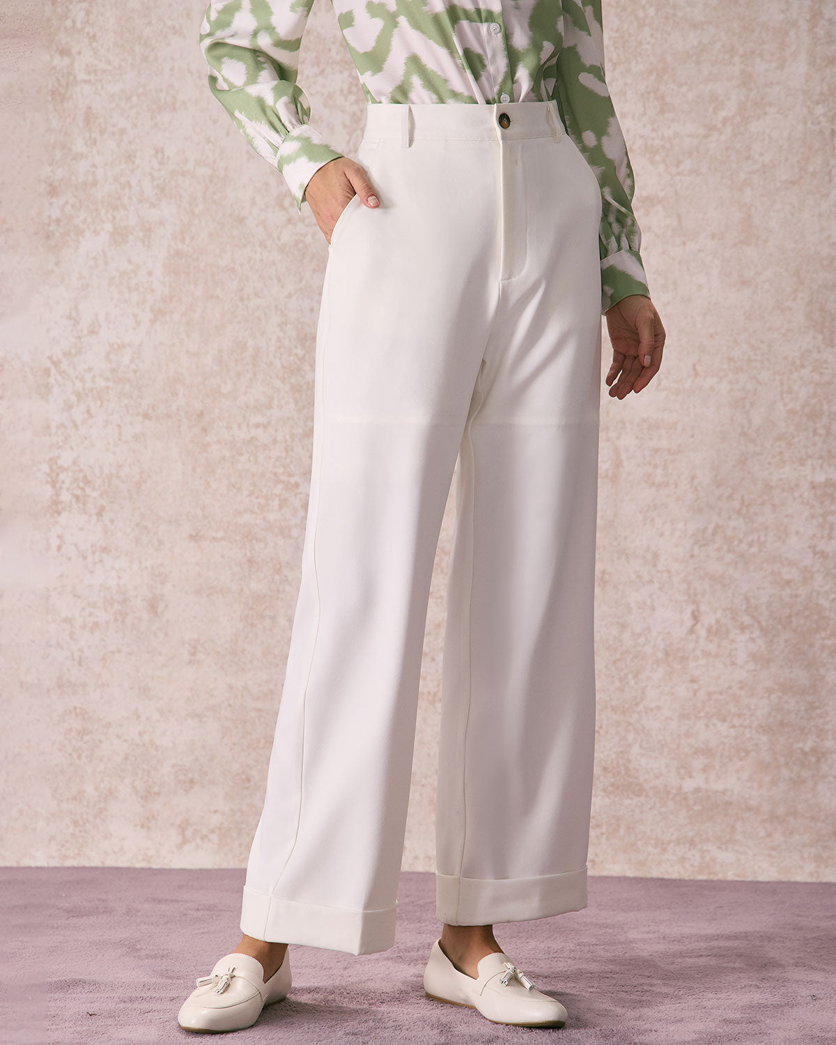 The White High Waisted Button Straight Pants