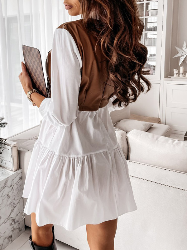 Long Sleeves Loose Contrast Color Pleated Split-Joint Lapel Mini Dresses