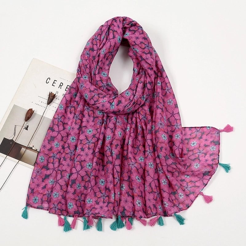 Women's Sweet Flower Cotton And Linen Tassel Silk Scarves