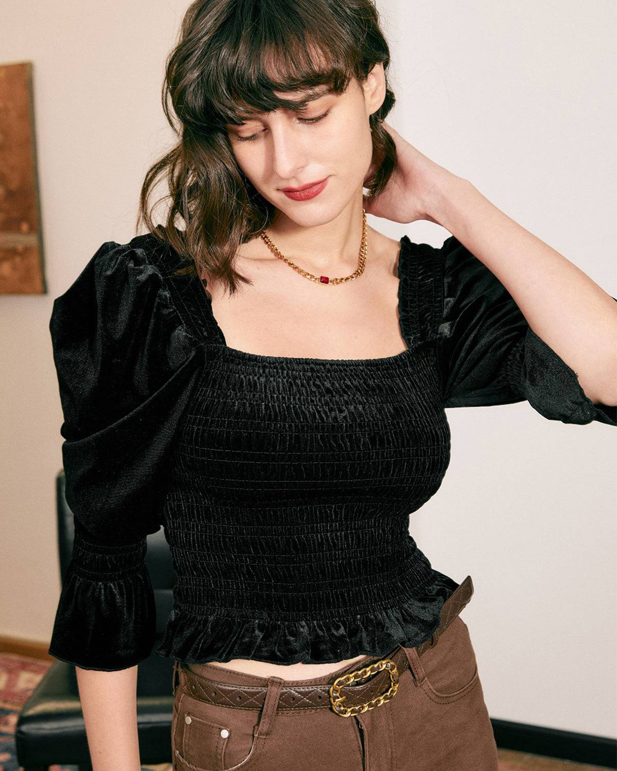 The Smocked Ruffle Velvet Blouse