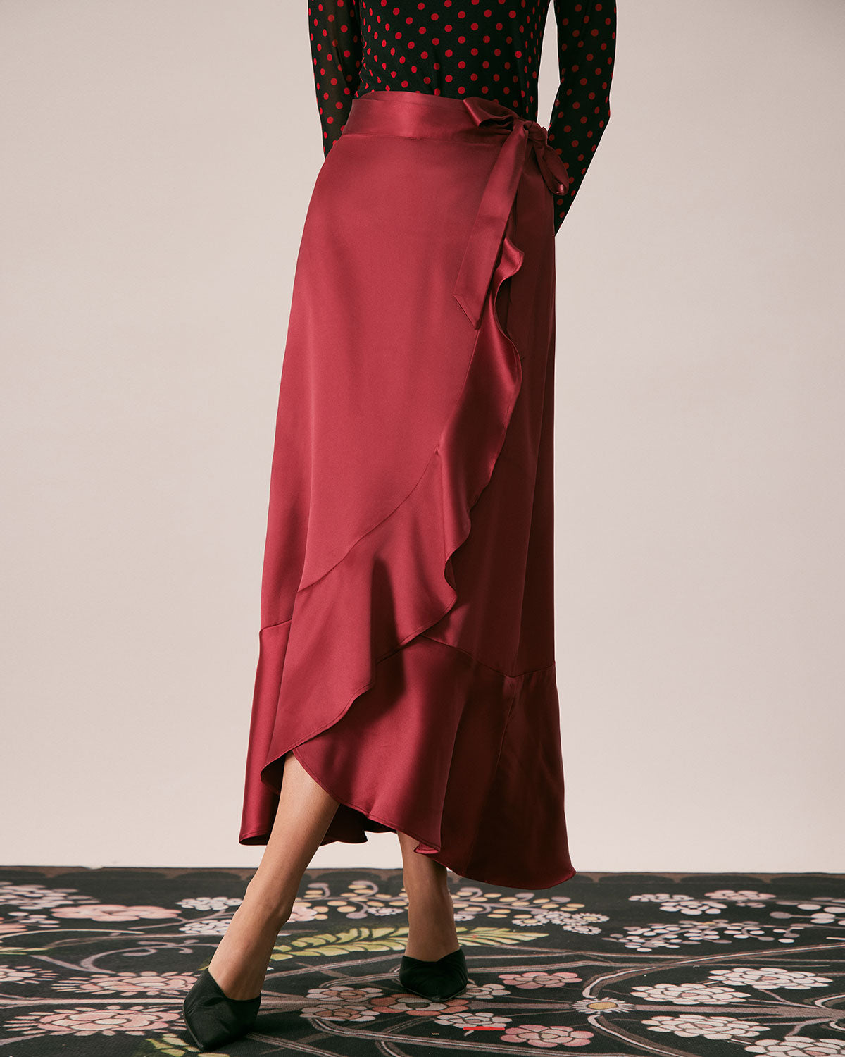 The Wine Red Drawstring Ruffle Satin Midi Skirt