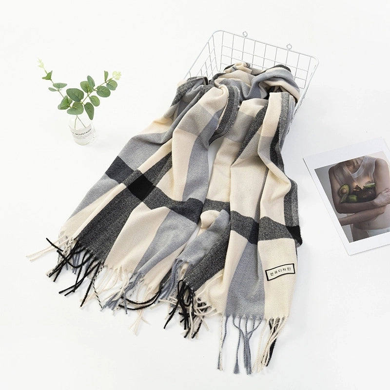 Women'S Fashion Plaid Imitation Cashmere Tassel Scarf