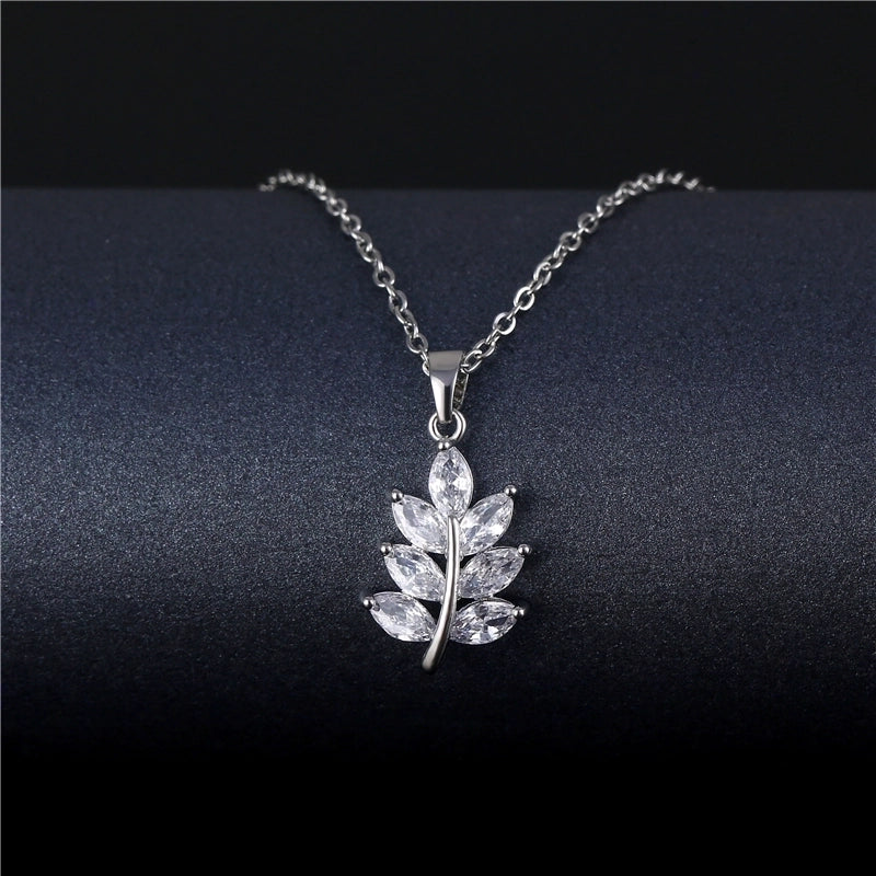 Peacock Leaves Water Droplets Stainless Steel Titanium Steel Platinum Plated Rhodium Plated Zircon Pendant Necklace