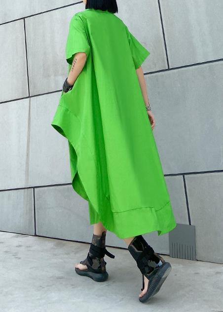 DIY green cotton clothes Women lapel asymmetric Kaftan Dress