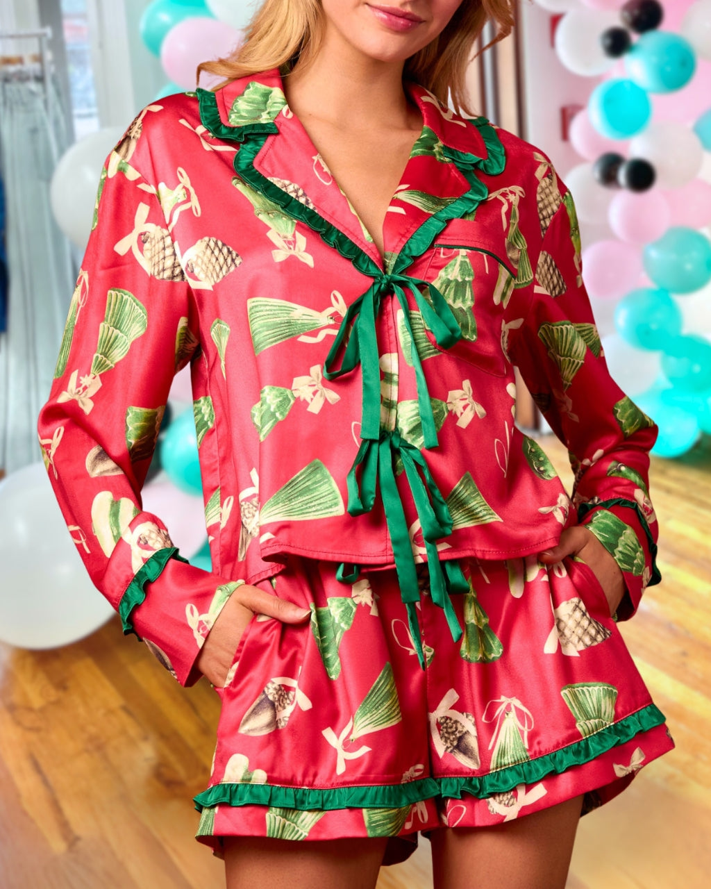 Ribbon Christmas Tree Satin Pajama Set