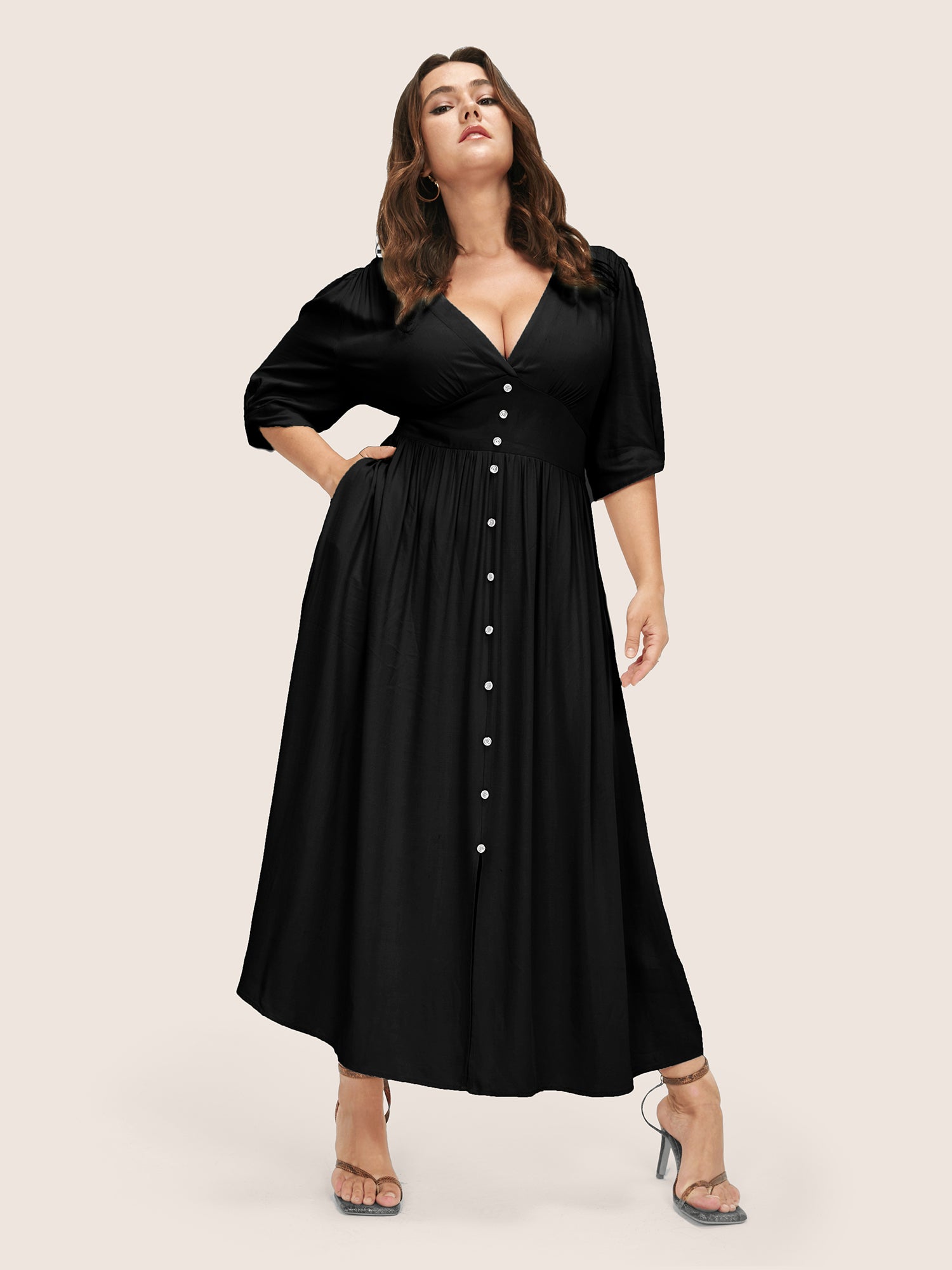 Plunging Neck Button Detail Pocket Maxi Dress